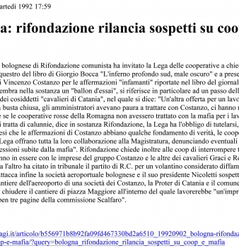 Bologna: rifondazione rilancia sospetti su coop e mafia