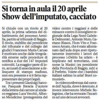 Si torna in aula il 20 aprile. Show dell’imputato, cacciato